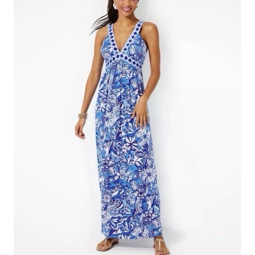 Lilly Pulitzer Maxi Dress Blue Tang Flocking Serena V-Neck Maxi Tropical Chic 16